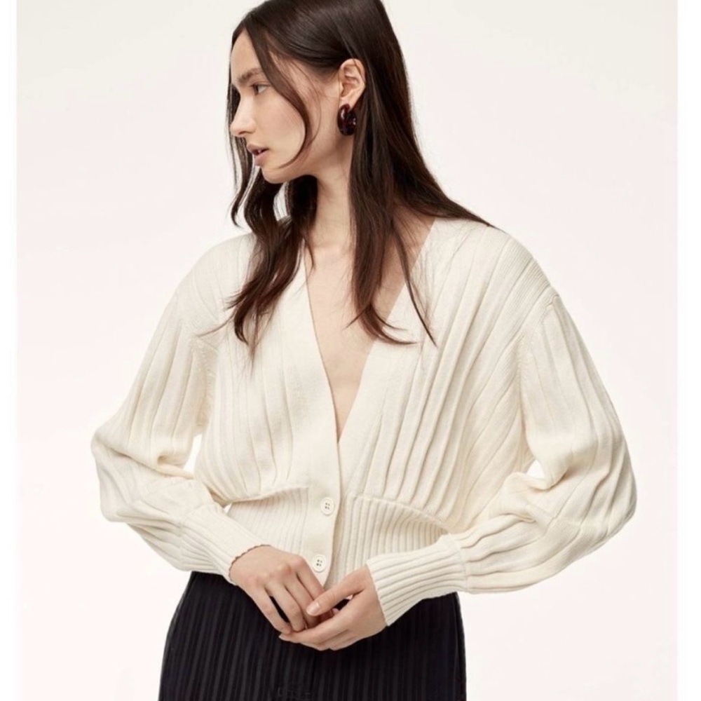 Aritzia Wilfred Thais plunge front cardigan sweater ribbed knit women's size L